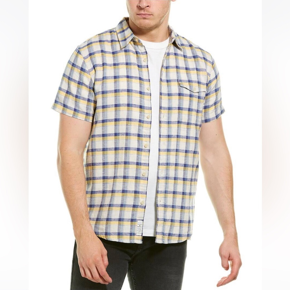 NWT Lucky Brand Plaid Monroe Men’s Short Sleeve Shirt Yellow Blue Linen Blend